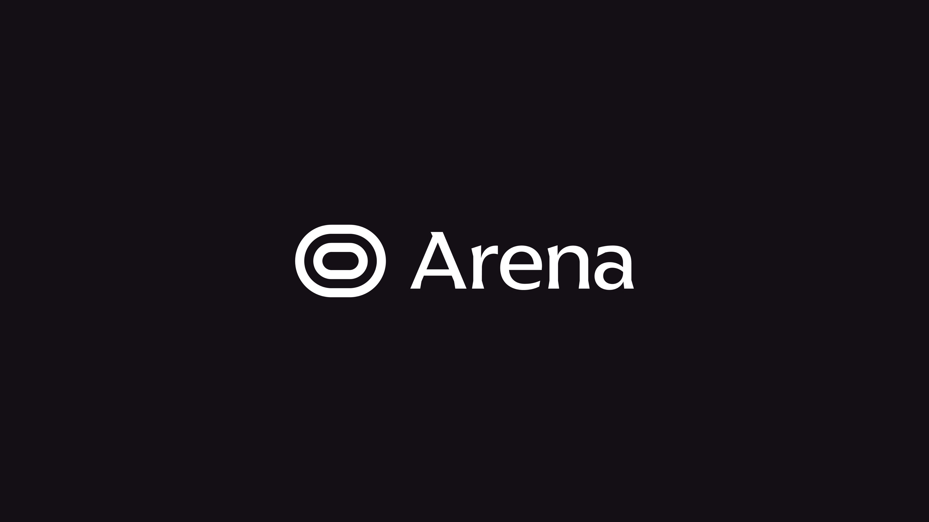 The Arena logo and its variants, white on black, 1 of 6.