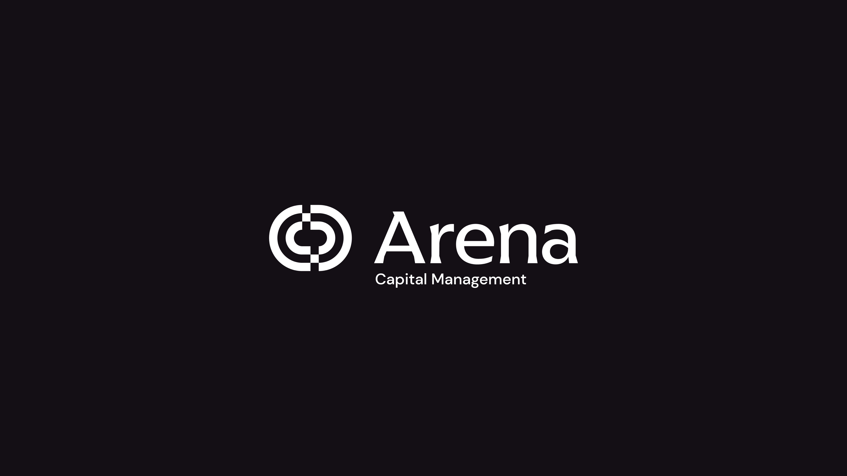 The Arena logo and its variants, white on black, 5 of 6.