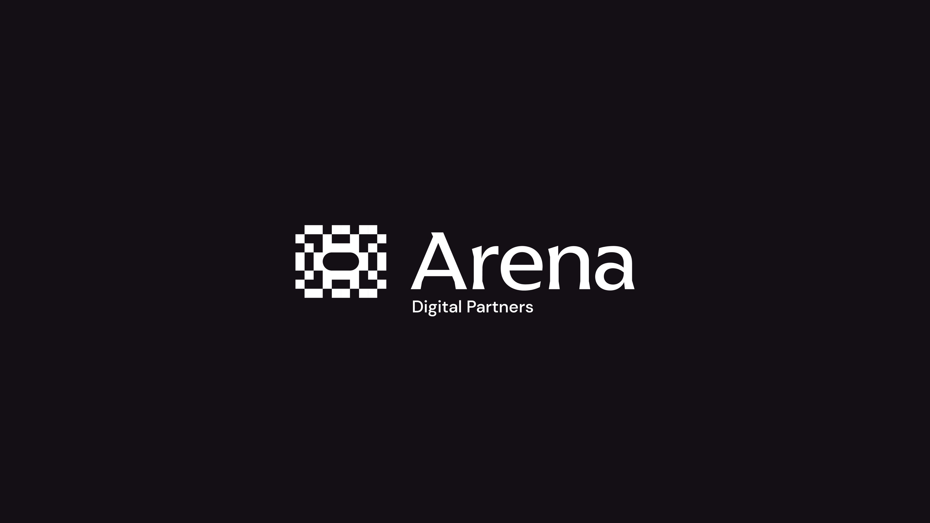 The Arena logo and its variants, white on black, 6 of 6.