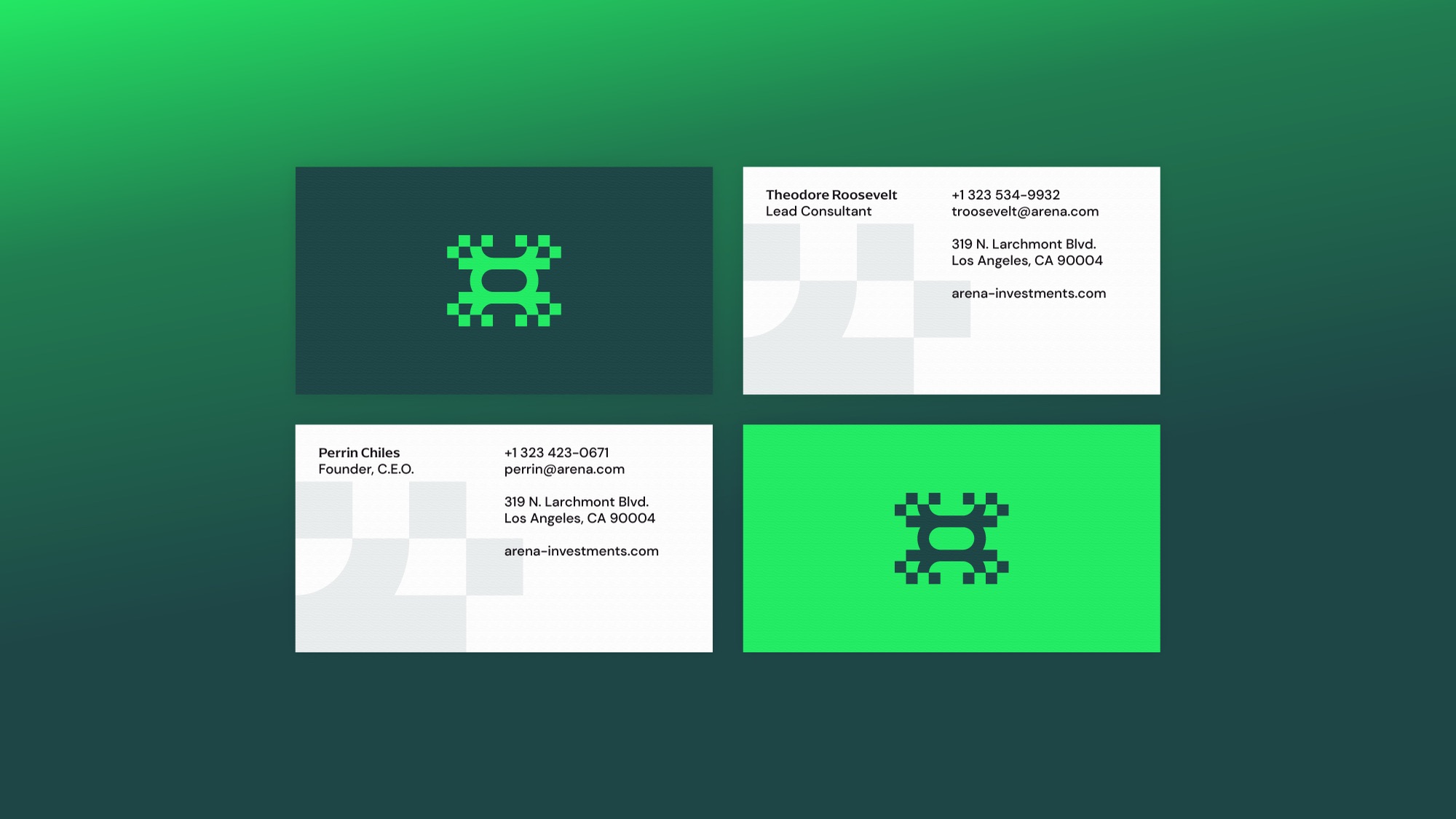 Arena Investments business cards in green and white.