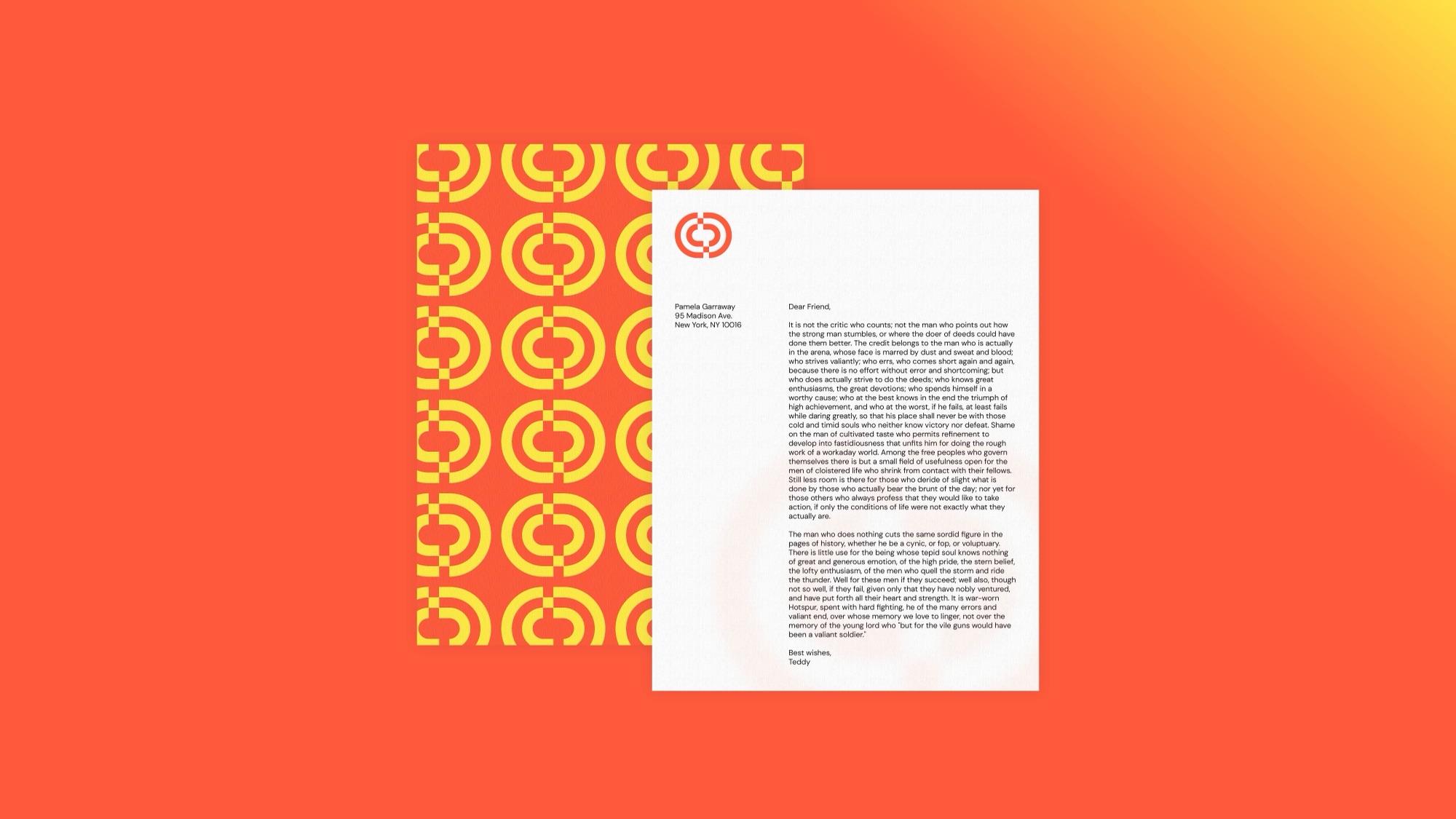 An Arena letterhead and patterned folder on an orange ground.
