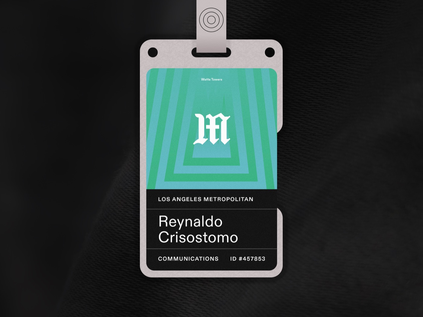 The blackletter M mark being assembled from an L and an A, then shown on staff identity cards, 6 of 7.