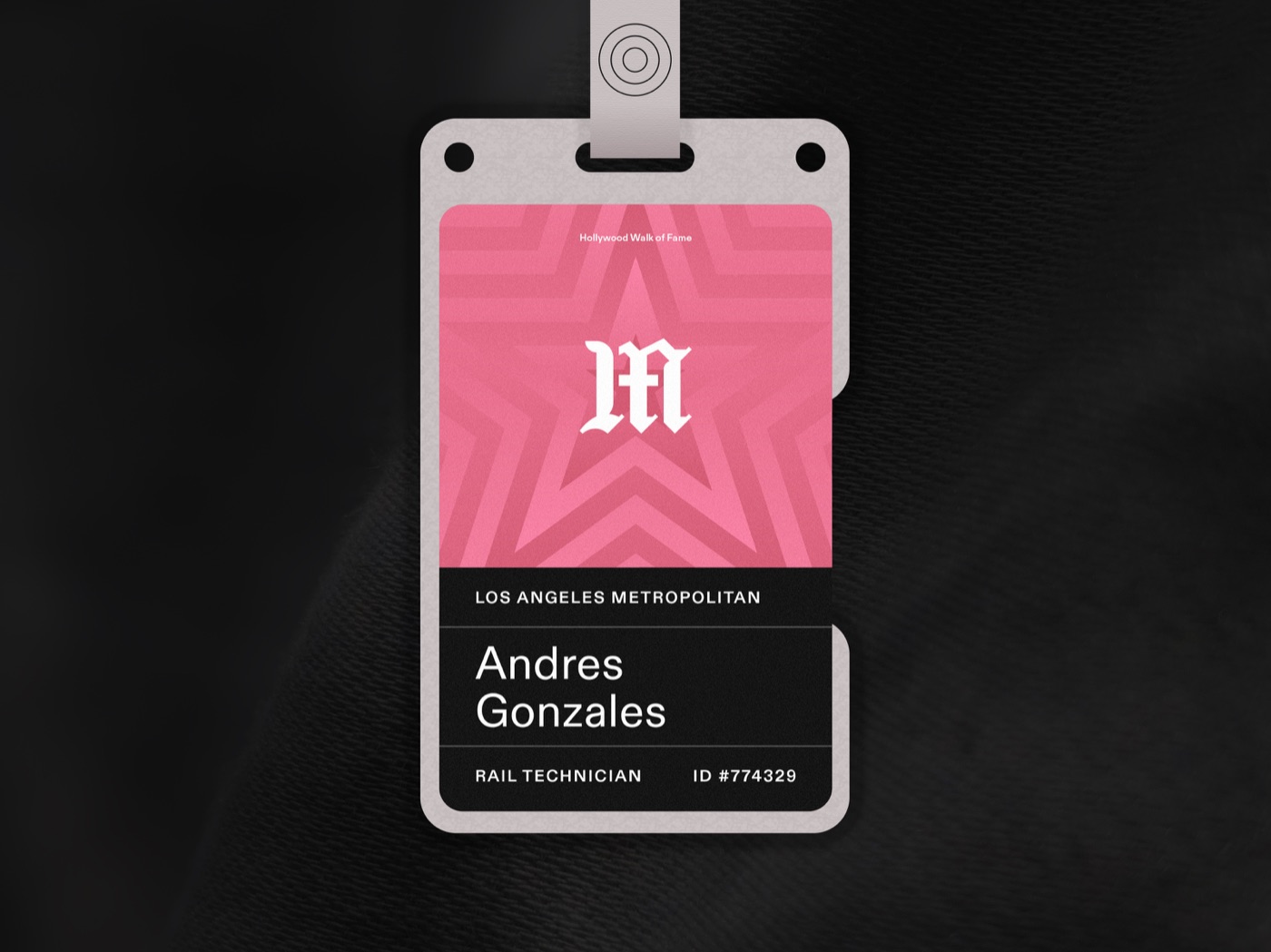 The blackletter M mark being assembled from an L and an A, then shown on staff identity cards, 7 of 7.