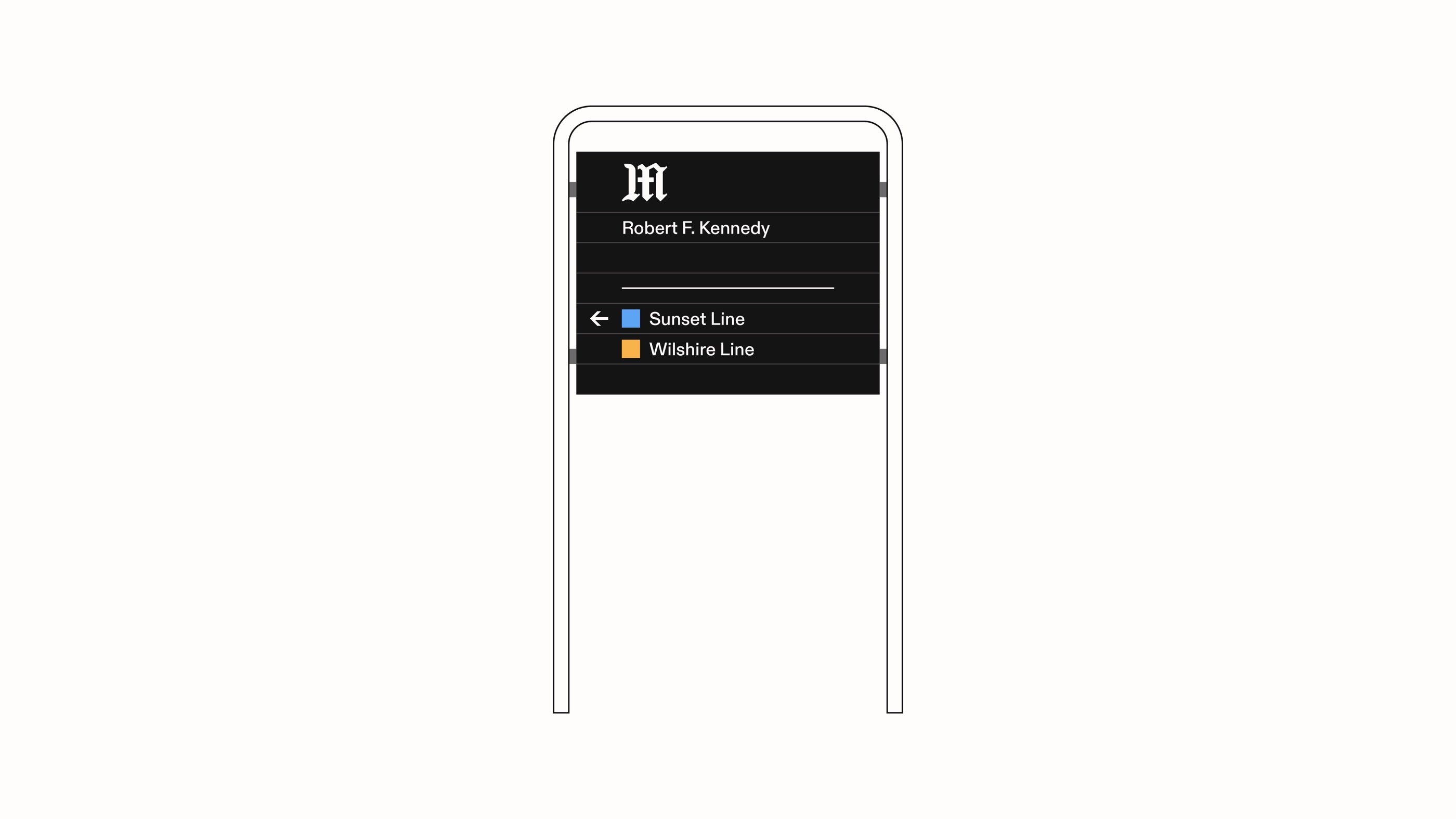 A freestanding wayfinding sign listing lines and directions, 3 of 6.